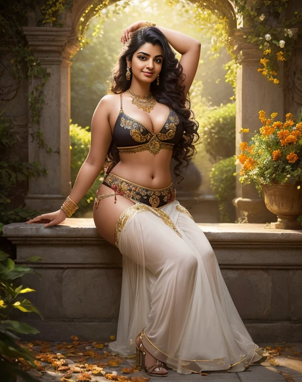 (masterpiece portrait photography:1.4) of a  alluring sexy curvy tall supermodel Suhasini Iyer, posing in a garden , wearing beautiful, wearing ornate skirt and bralette, ornate venetian garden, heels, arms over head, armpits, (big flowing backlit hair), vivacious, lustful glance, exhilarated (captivating kohl lined eyes:1.1) , (seductive smile:1.3) soft dramatic lighting, falling leaves and flowers bokeh, key lighting backlit, light rays, highly detailed, trending on artstation, paint splashes, rich colour, wind all around, abstract portrait, by Ron hicks