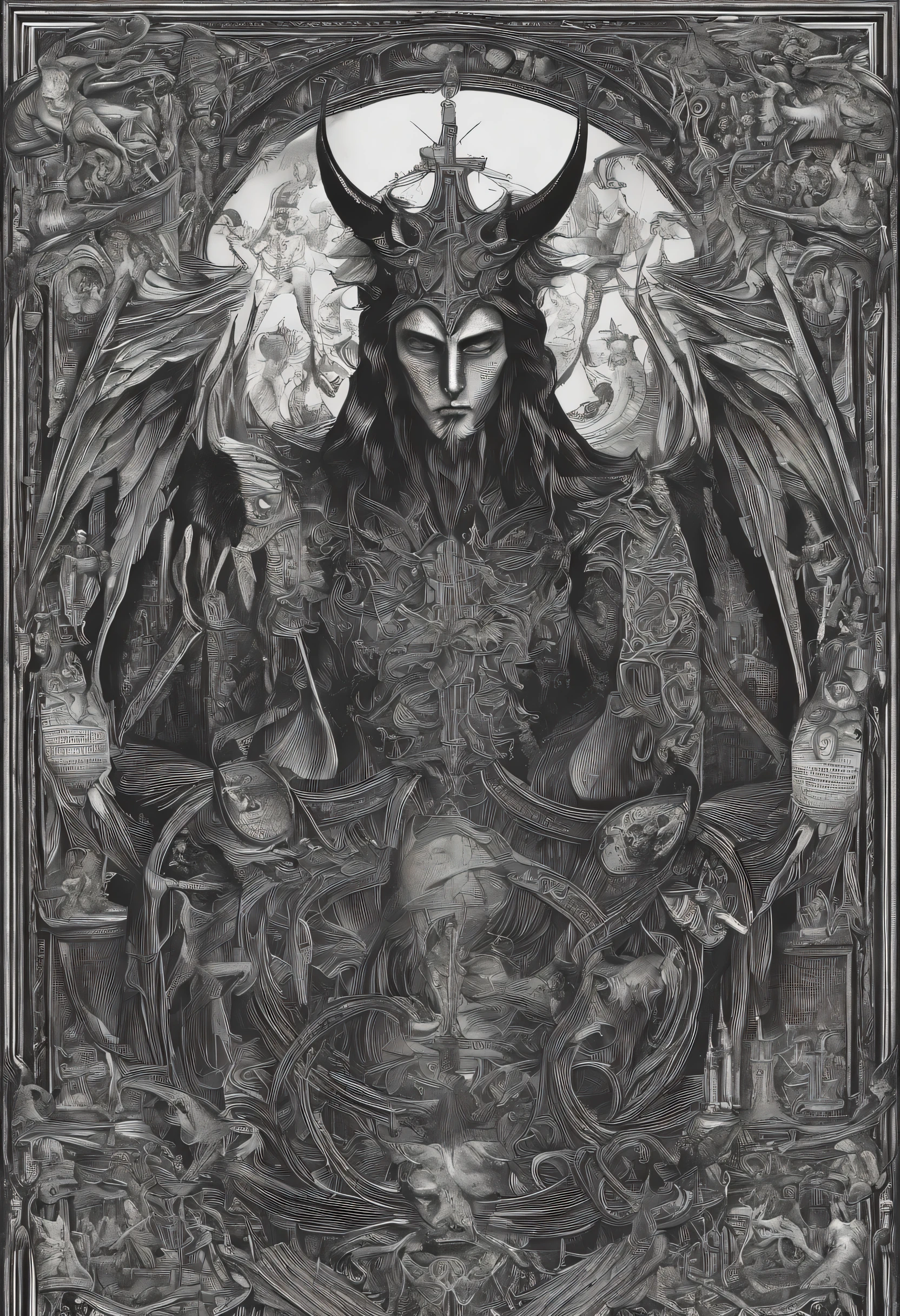 Satan

Draw or create a realistic and unique picture of Satan, which is derived from his characteristics in all religions and archeology books or important religious books and references of all the people of the world.  It should show the inherent evil, malice and devilishness of the devil in a good way.  With a very wide view of hell and hell in the background. A picture full of small and big details, each of which helps the viewer to understand who the devil is. Finally, realism.