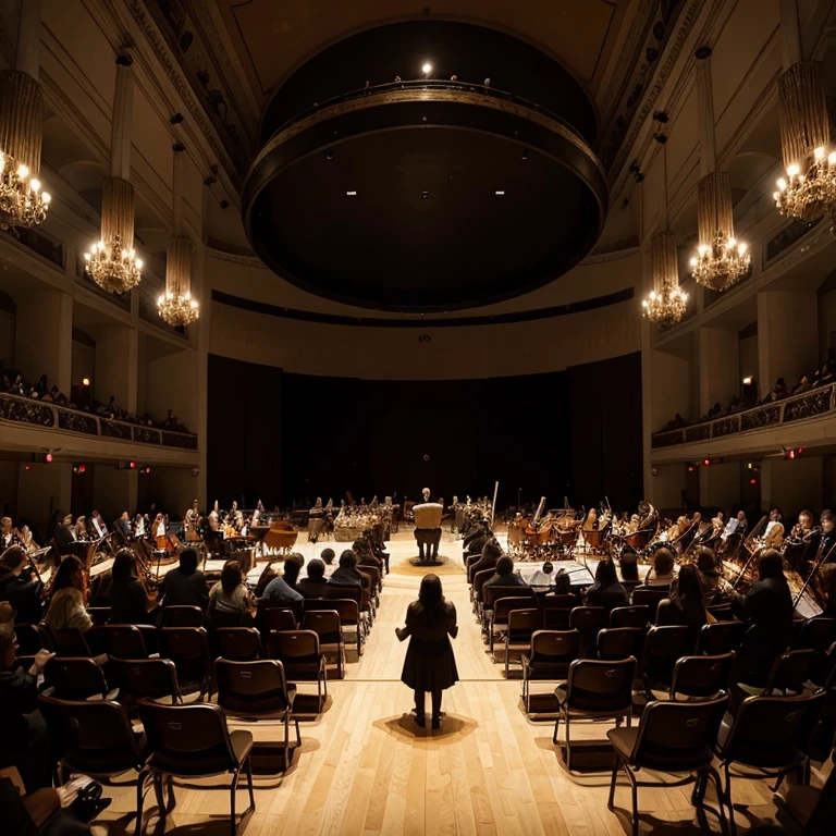 A large majestic symphony orchestra complete with a huge drum in the center and a spooky conductor