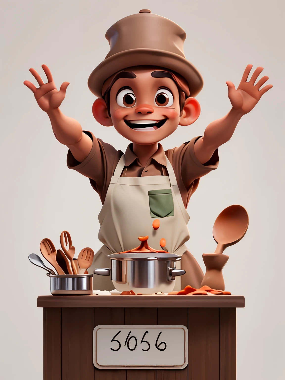 （brown apron,Brown chef hat,brown chef costume),(excited expression,excited move,Exciting movements,Win the lottery),White background,hands raised
