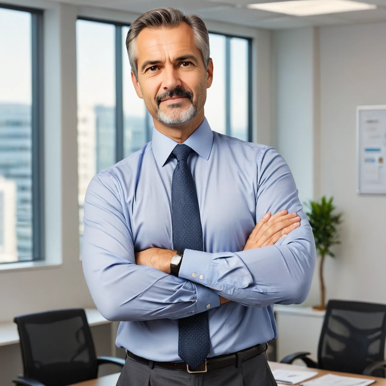 middle-aged man, 1.80 tall, in an office, arms crossed for the photo