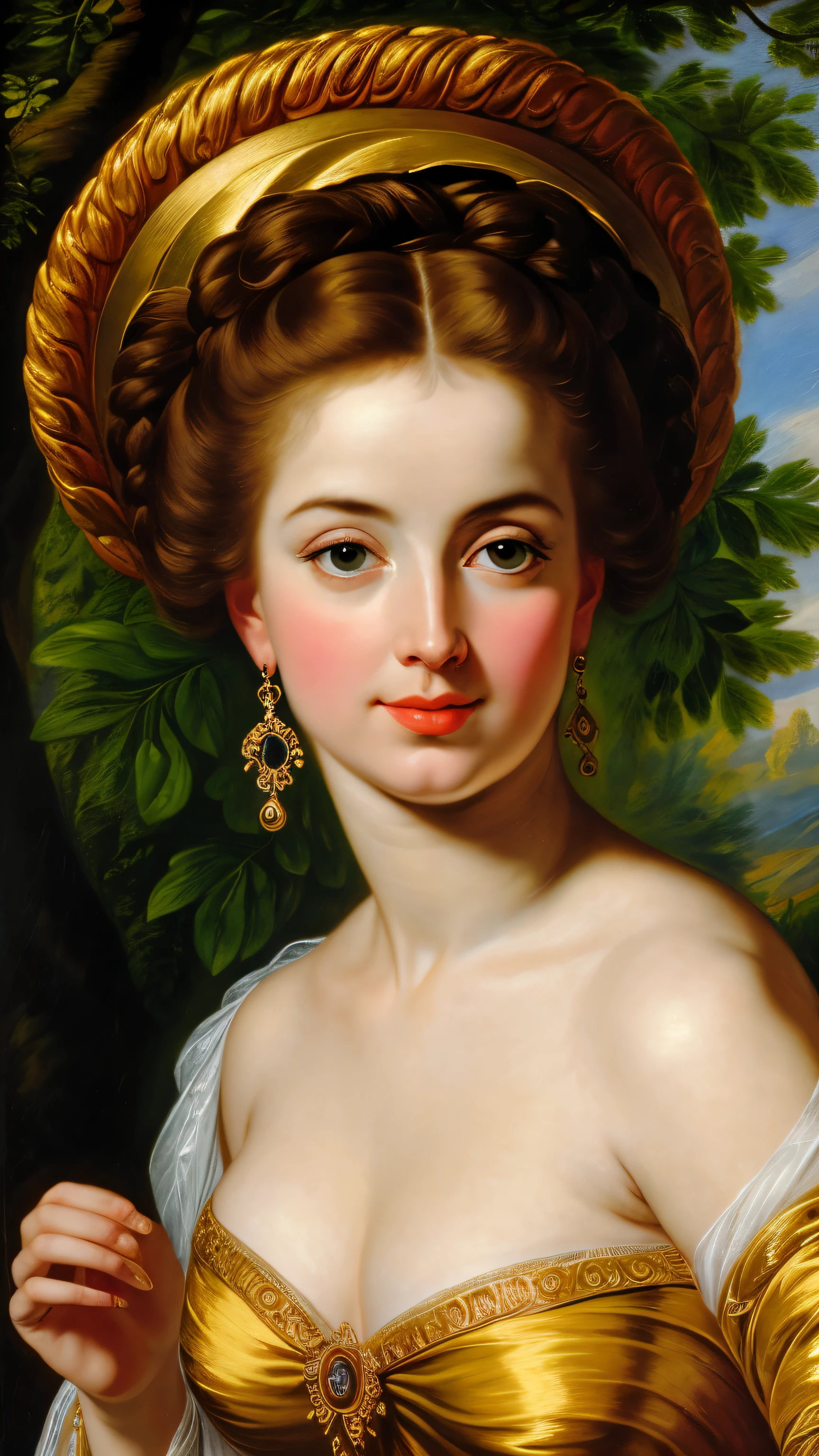 Masterpiece, Beautiful Thick Woman, Best quality, high clarity eyes, critically flawless,sharp picture, Full portrait, High pixels, perfect face, perfect eyes, beautiful face, perfect hands,perfect fingers, in Peter Paul Rubens style, by Peter Paul Rubens, baroque style, acrylic on canvas, highly detailed, description: "Create a nymph inspired by the tales of Greek or Roman mythology, embodying the essence of a natural element or location, and possessing a unique ability or trait that sets her apart."