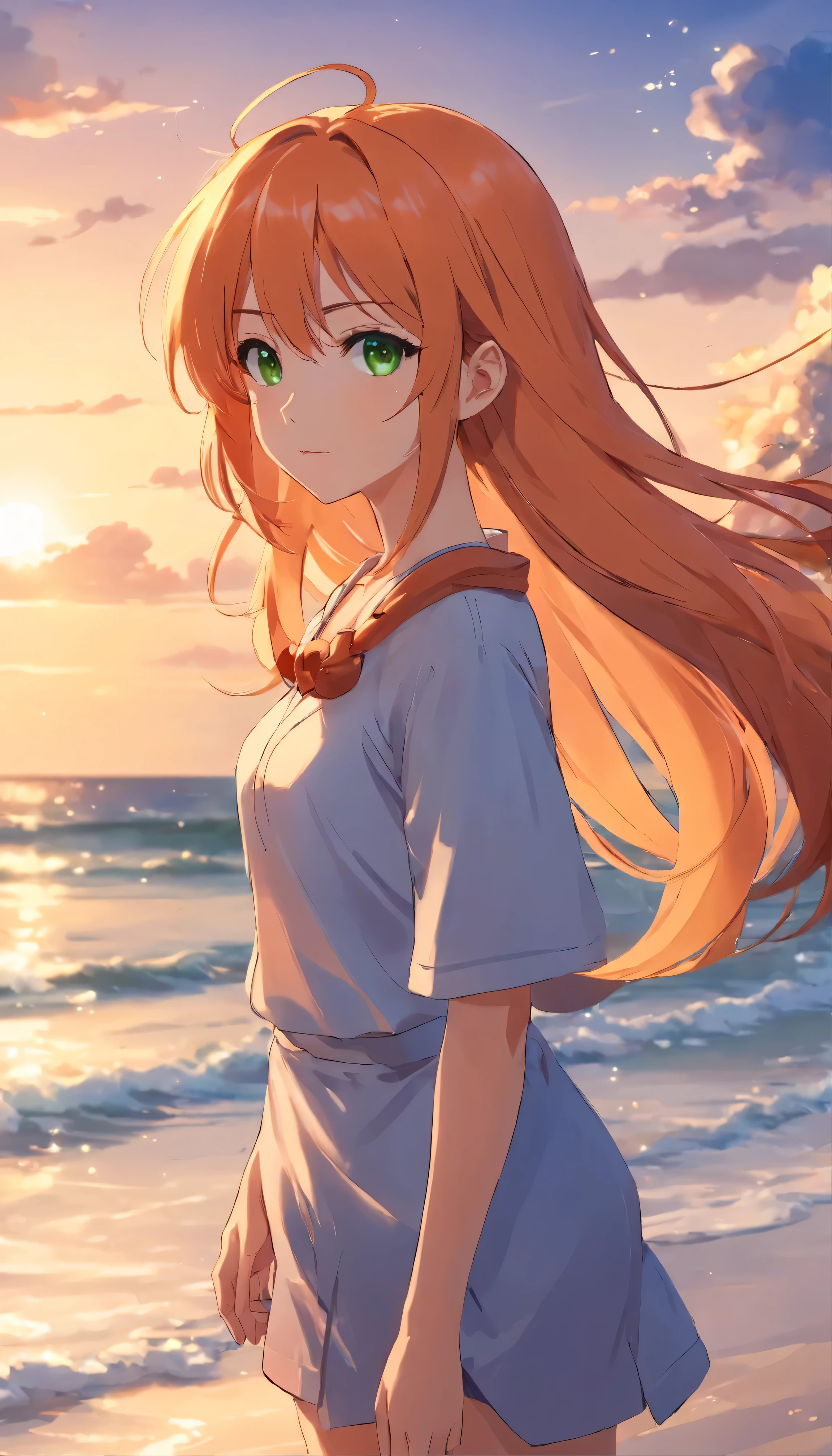 Anime girl with long orange hair, standing on the beach near the ocean, green eyes detailed digital anime art, anime girl with long hair, гладкое аниме cg art, anime girl with long hair, digital anime art, work in Guweiz style, Beautiful anime portrait, Photorealistic render of an anime girl, Beautiful anime girl, advanced digital anime art, guweiz на artstation pixiv HD UHD HQ