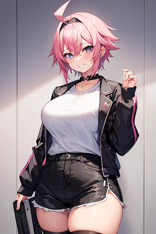 1girl, pink hair, very short hair, eula \(genshin impact\), black jacket, jacket, shirt, white shirt, spiked hair, black headband, headband, large breasts, wide hips, thick thighs, shorts, short pants, black shorts, urban, smile, normal clothes, simple clothes,