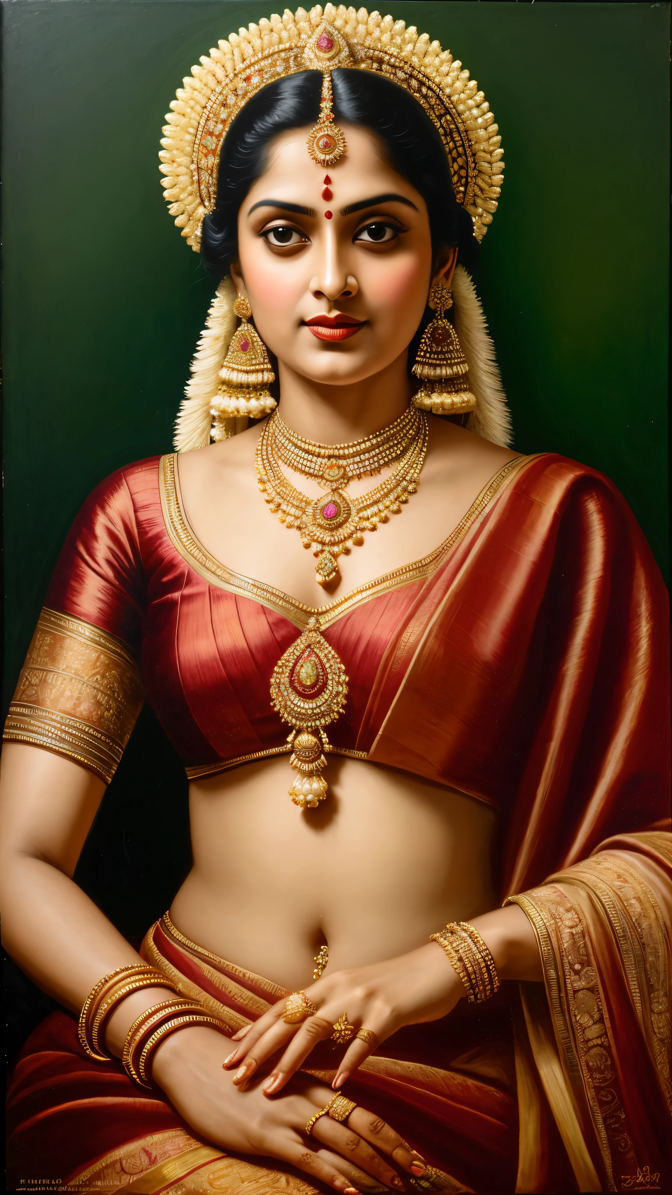 Beautiful painting of a woman in a sari with a necklace and earrings, looks like Sandeepa Dhar, inspired by Raja Ravi Varma, szukalski ravi varma, portrait of a beautiful goddess, by Raja Ravi Varma, indian goddess, traditional beauty, a stunning portrait of a goddess, inspired by T. K. Padmini, indian art, indian goddess of wealth, portrait of a goddess