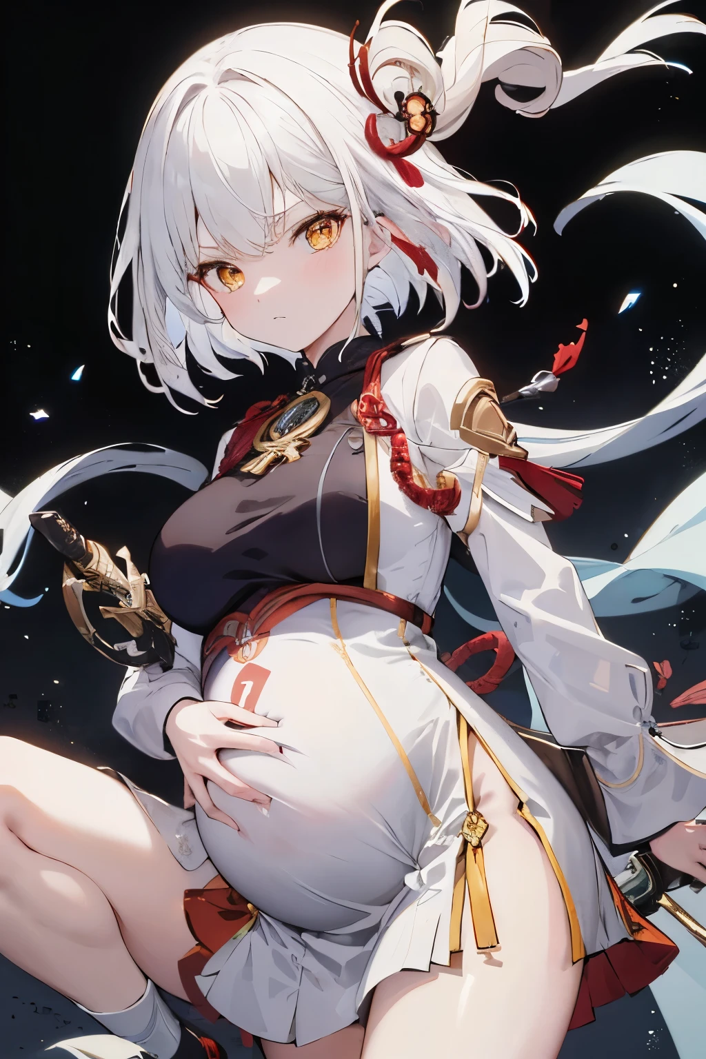 black anime girl,long white hair,wearing white clothes, yellow eyes, with sword, Indifferent Genshin Impact style, pregnant