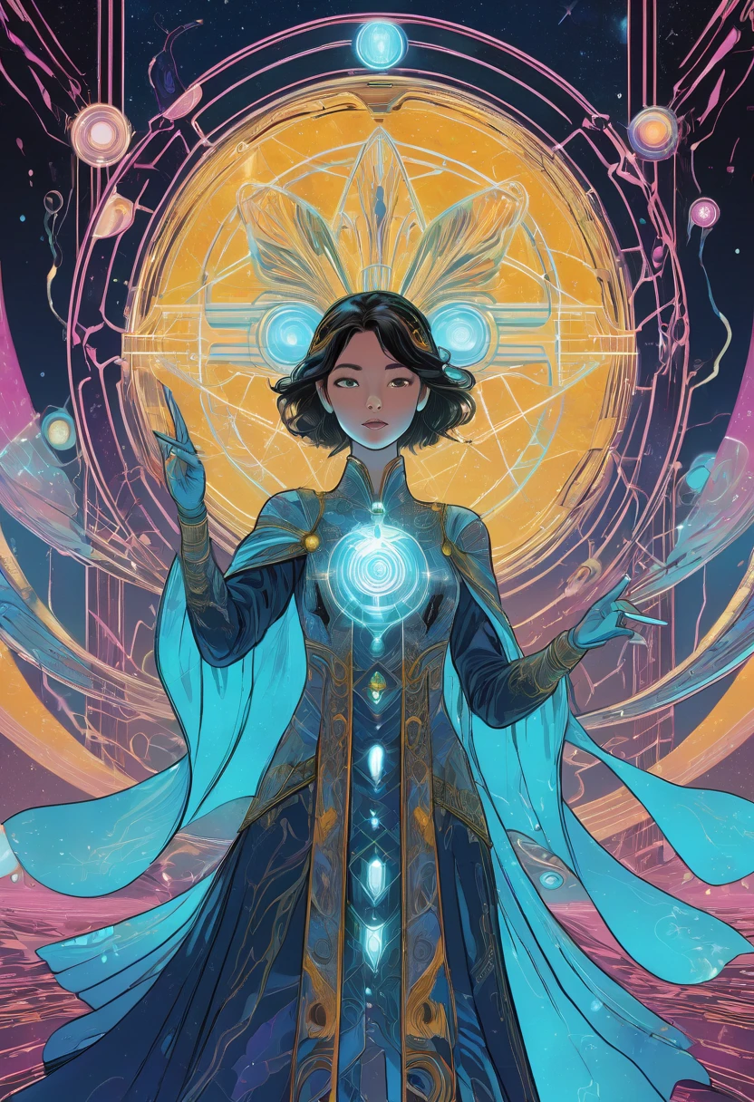 Tarot Cards, aesthetic, An updated Tarot card, "Tech Mage", symbolizing power, creation, and resourcefulness. Show a figure in a futuristic setting manipulating a hologram, one hand pointing to the sky, the other to the ground. Use Tarot suits as tech elements. The art should be visually striking, inventive, and blend Tarot symbolism with a modern, tech-focused style.