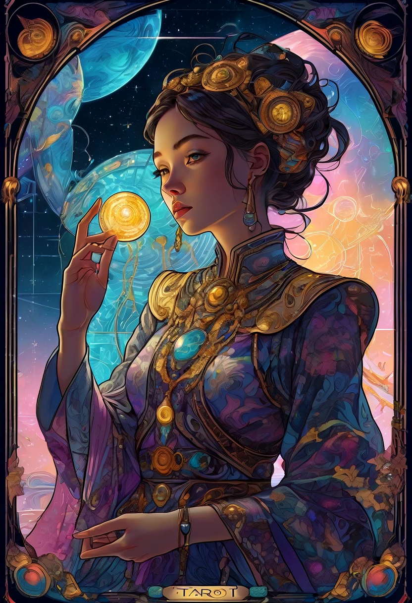 Tarot Cards, aesthetic, An updated Tarot card, "Tech Mage", symbolizing power, creation, and resourcefulness. Show a figure in a futuristic setting manipulating a hologram, one hand pointing to the sky, the other to the ground. Use Tarot suits as tech elements. The art should be visually striking, inventive, and blend Tarot symbolism with a modern, tech-focused style.