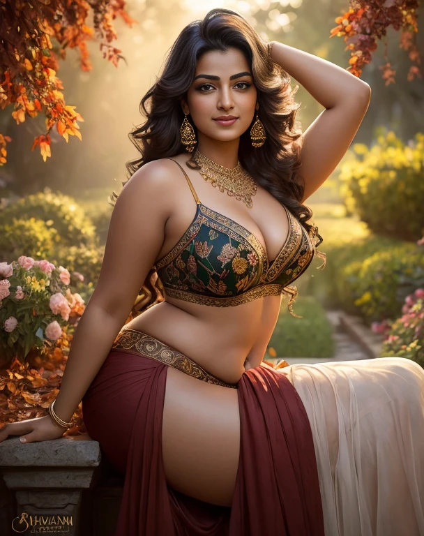 (masterpiece portrait photography:1.4) of a  alluring sexy curvy tall supermodel Suhasini Iyer, posing in a garden , wearing beautiful, wearing ornate skirt and bralette, ornate venetian garden, heels, arms over head, armpits, (big flowing backlit hair), vivacious, lustful glance, exhilarated (captivating kohl lined eyes:1.1) , (seductive smile:1.3) soft dramatic lighting, falling leaves and flowers bokeh, key lighting backlit, light rays, highly detailed, trending on artstation, paint splashes, rich colour, wind all around, abstract portrait, by Ron hicks