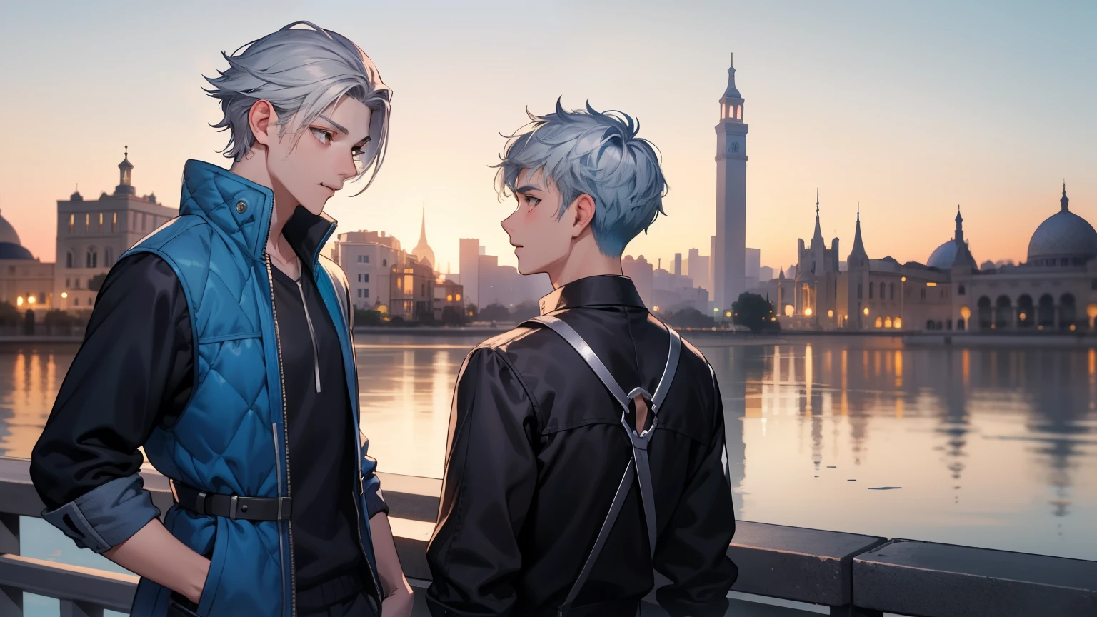 In the background there is a pink and silver Arab city Two 15-year-old teenage friends with blue hair, With Latin skin and light gray hair on the outskirts of a large silver city they are talking about an important topic they are friends almost like brothers..................