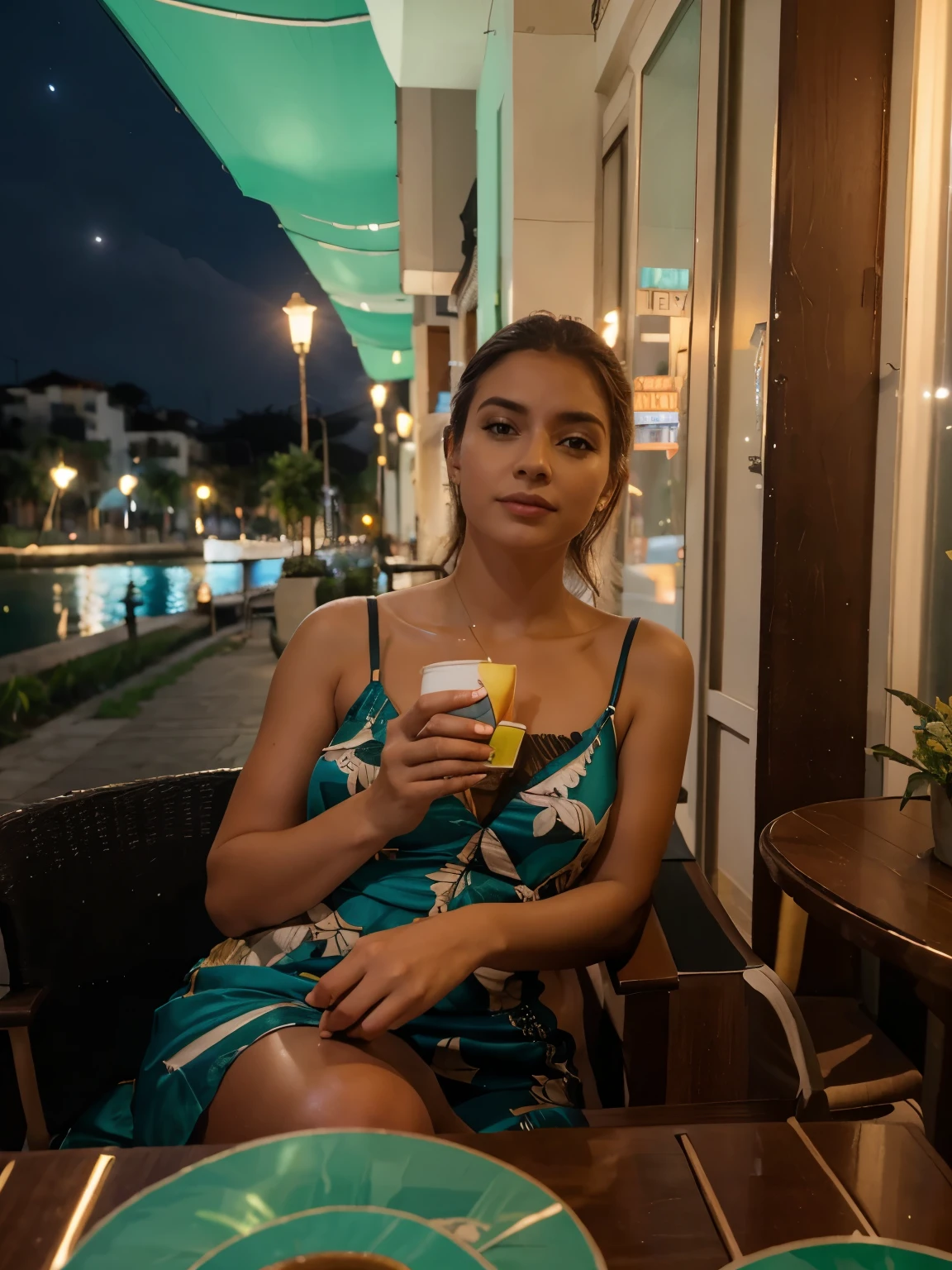 Rua,Noite, cafés , lanternas , natureza bela, Noite , sombriamente, realista, alta qualidade