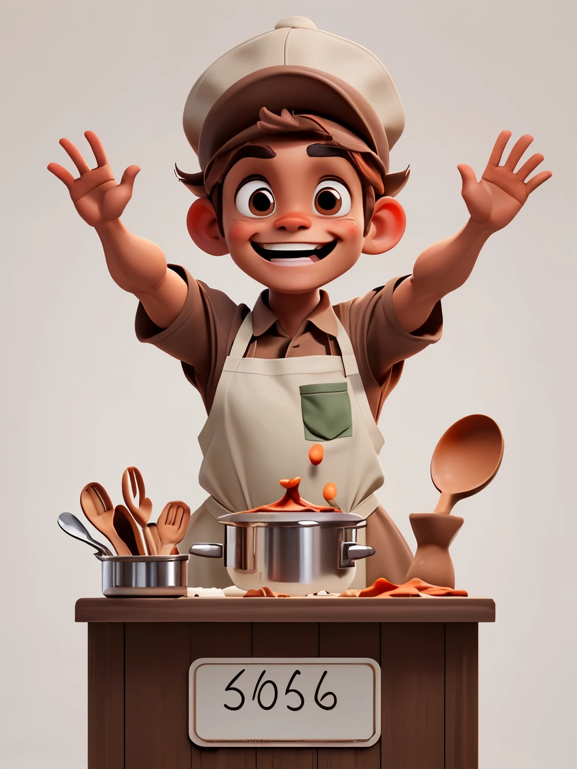 （brown apron,Brown chef hat,brown chef costume),(excited expression,excited move,Exciting movements,Win the lottery),White background,hands raised
