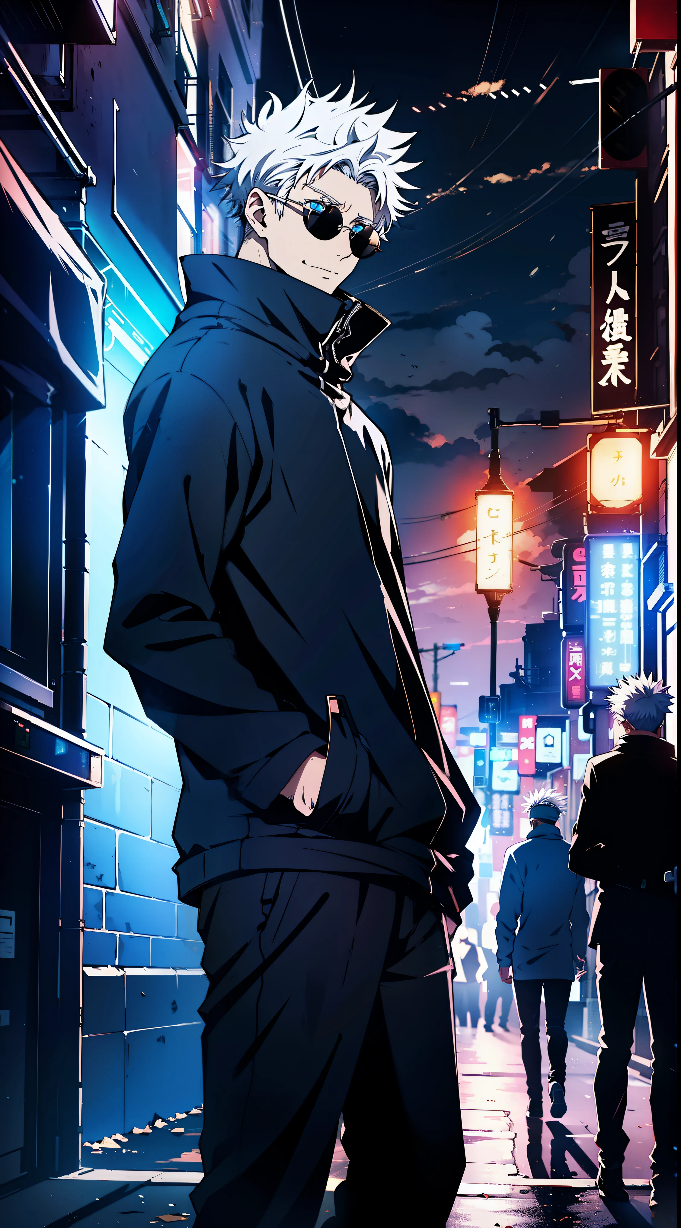epic composition, city street, Japan, deserted street, the night, flashing in the background, Red and blue color, (tmasterpiece, beste-Qualit: 1.2), male focus, 1boy, Gojo Satoru, round eyewear, Sunglasses, hands in pocket, blindfold, black jacket, (Masterpiece:1.3),(Best Quality:1.2),8K,absurdress,Unity 8K WallPapper,(Extremely detailed:1.3),supreme, hight resolution, Amazing, illustartion, Beautiful studio soft light, Stunningly beautiful, incredibly absurdres, Vivid details, Cinematic lighting, moody lighting, pixiv, Award-winning, Professional, Highly detailed, Gojo1, inform, looking a viewer, Smile, Short hair, 1boy, Standing, jacket, white colored hair, male focus,spiked hair, facing viewer, (red background:1.1), high collar, blindfold, (Magic:1.3), (aura:1.3),
