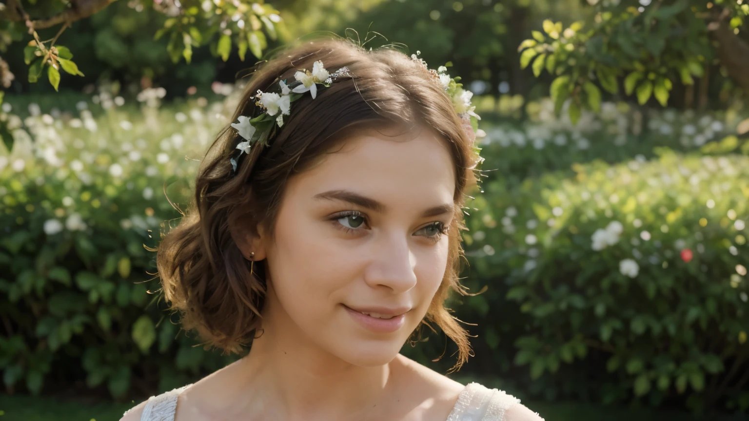 (best quality,4k,8k,highres,masterpiece:1.2),ultra-detailed,(realistic,photorealistic,photo-realistic:1.37),A girl in a garden,beautiful detailed eyes,beautiful detailed lips,extremely detailed face,longeyelashes,nature,happy mood,sunshine,bright colors,portraits,greenery,flowing dress,soft breeze,summer,joyful expression,laughing,flower crown,serene background,blurred foreground,impressionistic style,graceful,painting-like,peaceful ambiance,warm light,subtle shadows