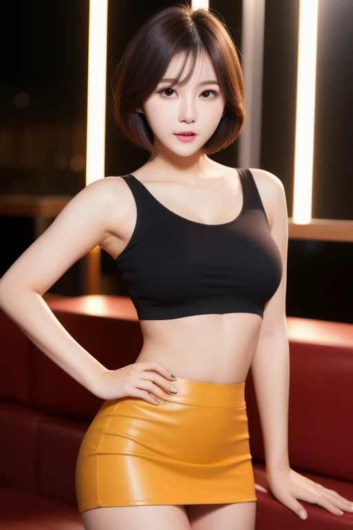 a woman, 1 sexy korean super model girl, short bob cut hair, brown eyes, tanned skin, sexy confident looking eyes, crop top, very mini tight skirt, parted lips, sexy curvy body, night, empty modern night club, facing front, pose 1.4 to camera , various shot angle ,