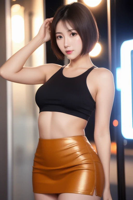 a woman, 1 sexy korean super model girl, short bob cut hair, brown eyes, tanned skin, sexy confident looking eyes, crop top, very mini tight skirt, parted lips, sexy curvy body, night, empty modern night club, facing front, pose 1.4 to camera , various shot angle ,