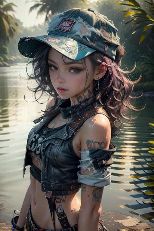 Beauty in hair, with a hat, short punk outfit, Dew, wet body and clothes, drops on the body, High humidity., (Delicate images), (Photorealistic: 1.4), (Highly detailed), (high resolution), (Best quality), (masterpiece)