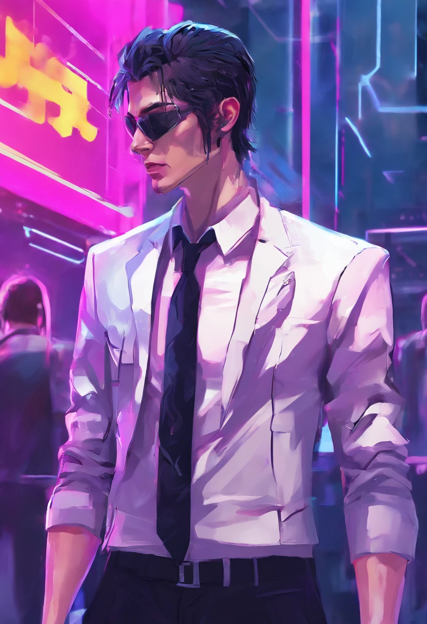 ((cyberpunk)), ((Skinny, lanky, normal, mid-30s, unshaven, white, ((American, pale skin, english)), male, businessman wearing a basic suit and tie, nose ring)), cowboy shot, (black long shaggy hair with purple highlights), ((office background)), (highly detailed photo realistic), sharp focus, ultra high quality, vibrant, masterpiece, (cinematic lighting), ((male))