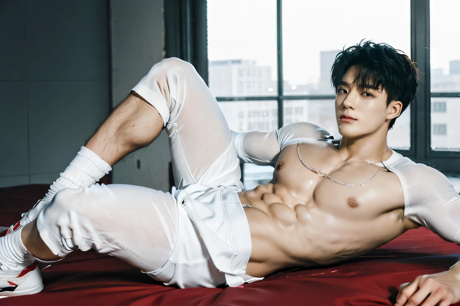 (Best quality,A high resolution,tmasterpiece:1.2),Eyes are natural and delicate,1 person,Alone,White  socks,asian gay men,Bulging muscles,legs long,Brave,Detail short hair,red eyes,sixpack abs,sexy for,(Best quality,A high resolution,tmasterpiece:1.2),Muscular,Brown eyes,NSFW, jeno nct, lee jeno