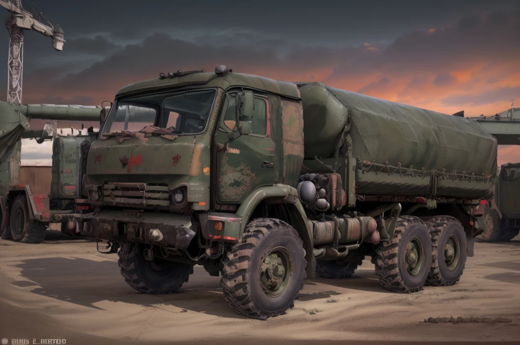 there is a large green truck parked in a lot, militar vehicles, truck, vehicle, militar carrier rig, visto desde el lado, militar equipment, militaristic, militar, new vehicle, Visto desde el lado, militaristic!!!, army, militar gear, Soviético - Era, tanque, vista frontal completa, soviet militar, vista completa, lado delantero, pintado camouflage rojo y negro