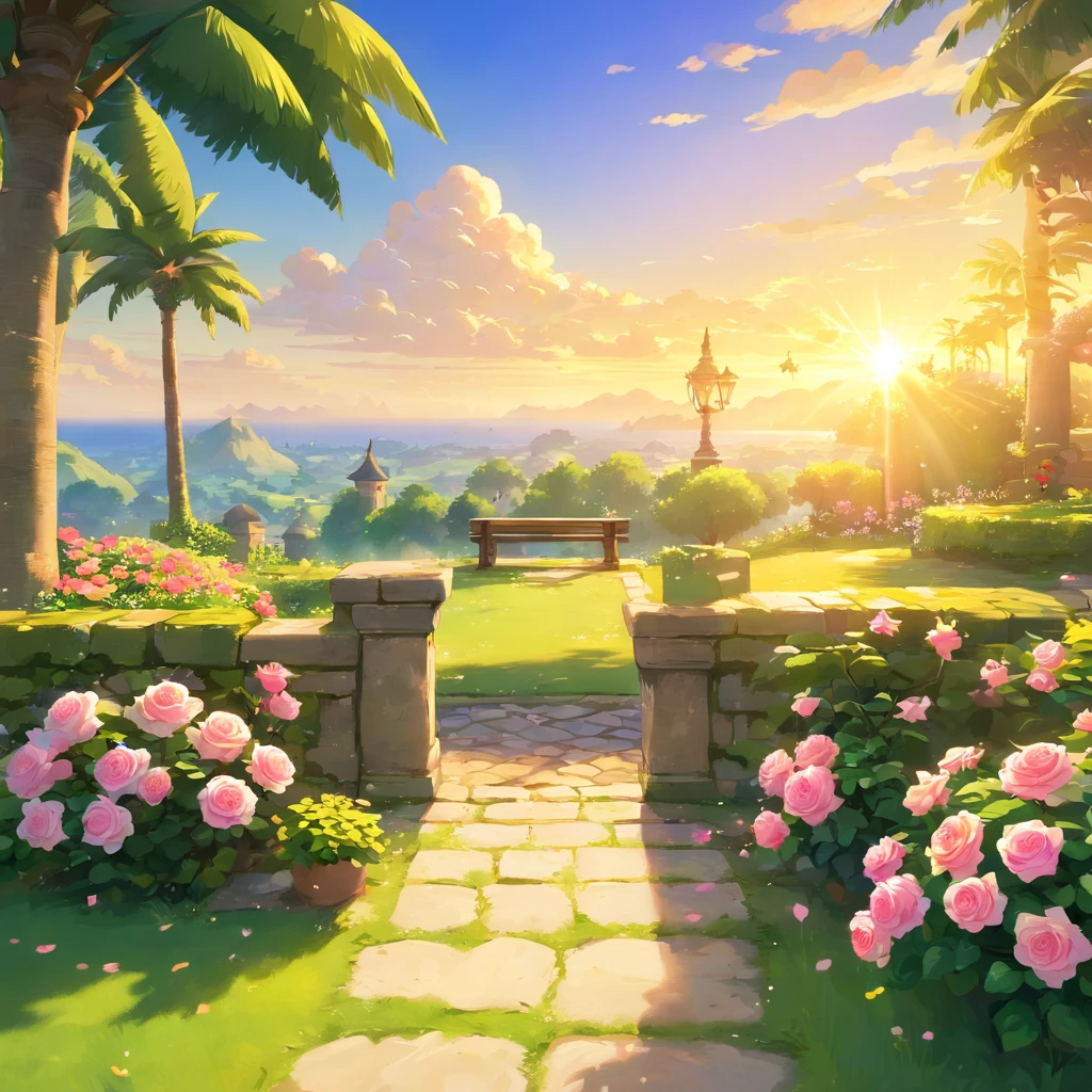best quality,4k,8k,highres,masterpiece:1.2,ultra-detailed,realistic:1.37,beautiful garden,serene atmosphere,colorful flowers,whispering trees,sparkling water,romantic pathway,sunlit meadows,peaceful birds chirping,playful butterflies dancing,happy couple relaxing,refreshing fountain,freshly bloomed roses,fragrant jasmine,towering palm trees,lush greenery,delicate petals,gentle breeze,inviting bench,stunning sunset,soft golden light,tranquil ambiance