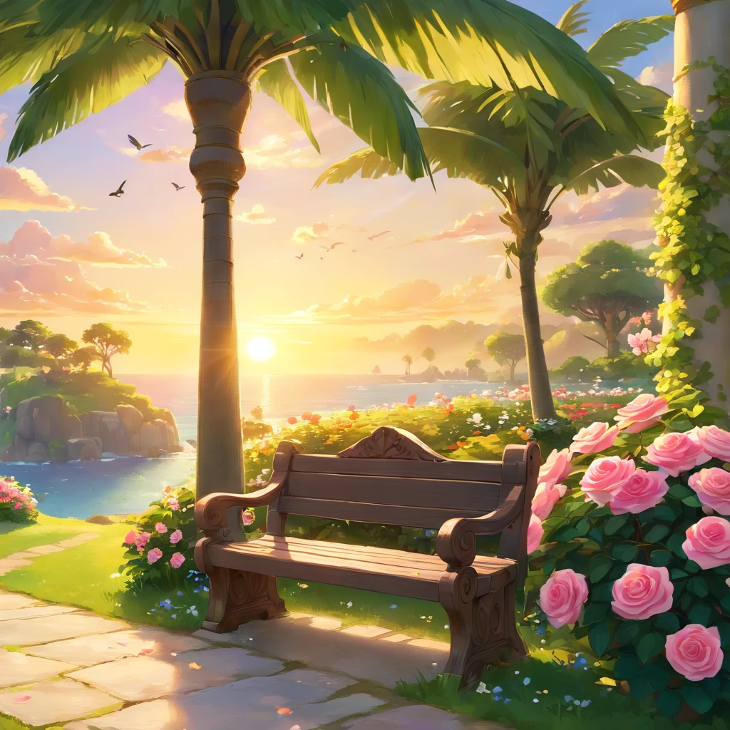 best quality,4k,8k,highres,masterpiece:1.2,ultra-detailed,realistic:1.37,beautiful garden,serene atmosphere,colorful flowers,whispering trees,sparkling water,romantic pathway,sunlit meadows,peaceful birds chirping,playful butterflies dancing,happy couple relaxing,refreshing fountain,freshly bloomed roses,fragrant jasmine,towering palm trees,lush greenery,delicate petals,gentle breeze,inviting bench,stunning sunset,soft golden light,tranquil ambiance