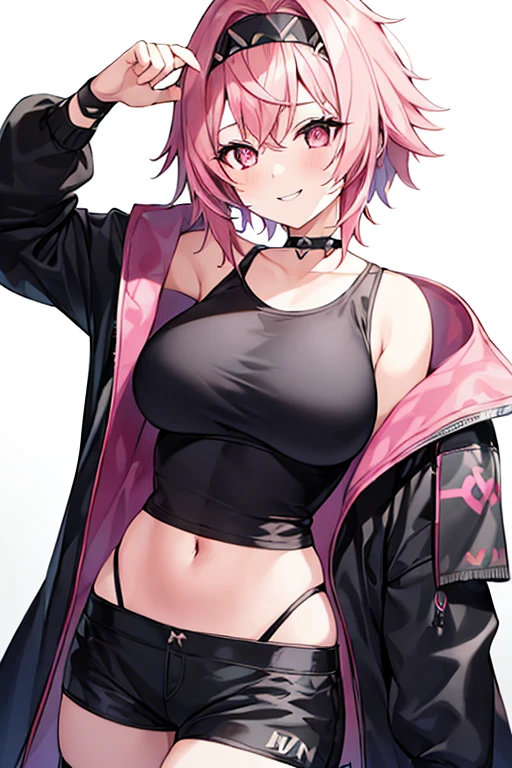 (masterpiece, best quality), (masterpiece, best quality), 1girl, collarbone, looking at viewer, blurry foreground, upper body, necklace, contemporary, plain pants, ((intricate, print, pattern)), freckles, pink hair, night time, night city, (underboob), croptop, open shoulder, black jacket, 80s anime, tokyo night, (underboob:1.2)