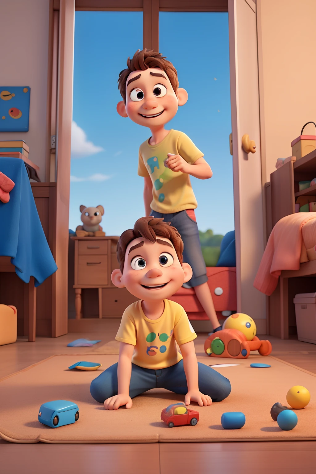 PIXAR style drawing of a  watching his cousin playing with his toys