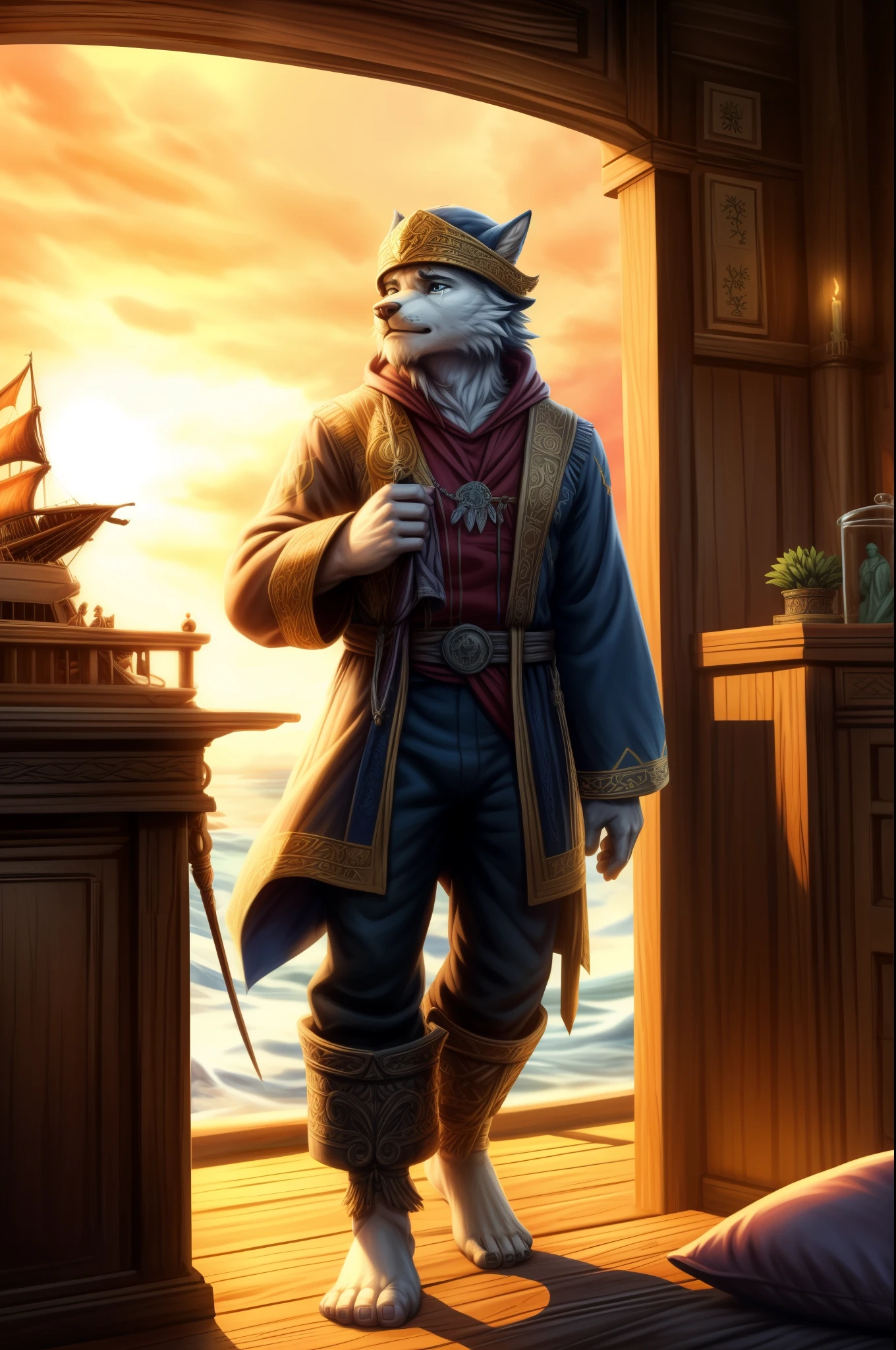 (((Barefoot furry character, full body, cinematic setting, male))) Masquerading as a man with a reason. My charade is the event of the season and if I claim to be a wise man, well it surely means that I don't know. On a stormy sea of moving emotion tossed about I'm like a ship on the ocean. I set a course for winds of fortune, but I hear the voices say: (Carry on my wayward son.) (There'll be peace when you are done.) (Lay your weary head to rest.) (Don't you cry no more.) BREAK, detailed background, 8K, (masterpiece:1.5), intricate details, highly detailed, extreme detail, octane render, fine art, best quality, highres, (detailed face:1.5), ((full_body)), UHD, (((perfect hands)))