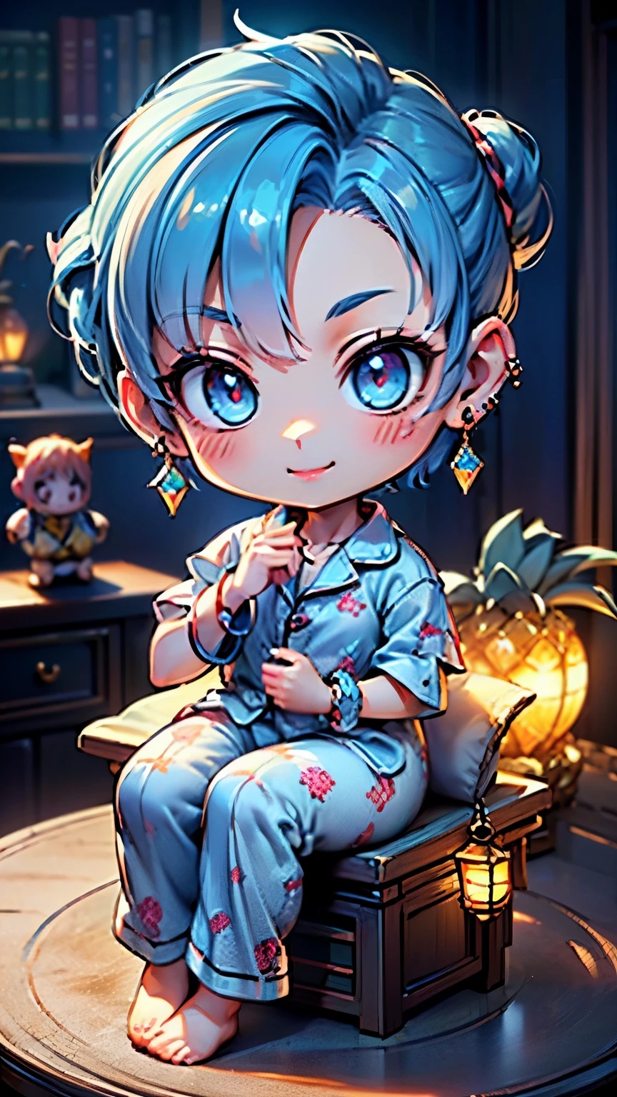  (masterpiece，very detailed、movie lighting、Shin-e:1.3)，(beautiful and fine eyes，close up of face)、(chibi whole body、cute、light blue hair、short hair、chignon hair:1.5),Break,((No eyebrows:1.5))、(well-groomed face、well-organized body、glossy lips、Yokohiro&#39;s mouth、blush、sharp eyes、very detailed eyes:1.3),(pineapple figurine、Chibi Muku、sharp features、young smile:1.3)、(study、Chibi wearing pajamas、Unbuttoned pajamas、Decolletage、pineapple pillow、earrings、Luminous bangles:1.5)、(smile、barefoot、dim light lantern、bookshelf、dessert on the desk、put your hand on your chin、luxuriously decorated chairs、Chibi sitting on a chair:1.3)、