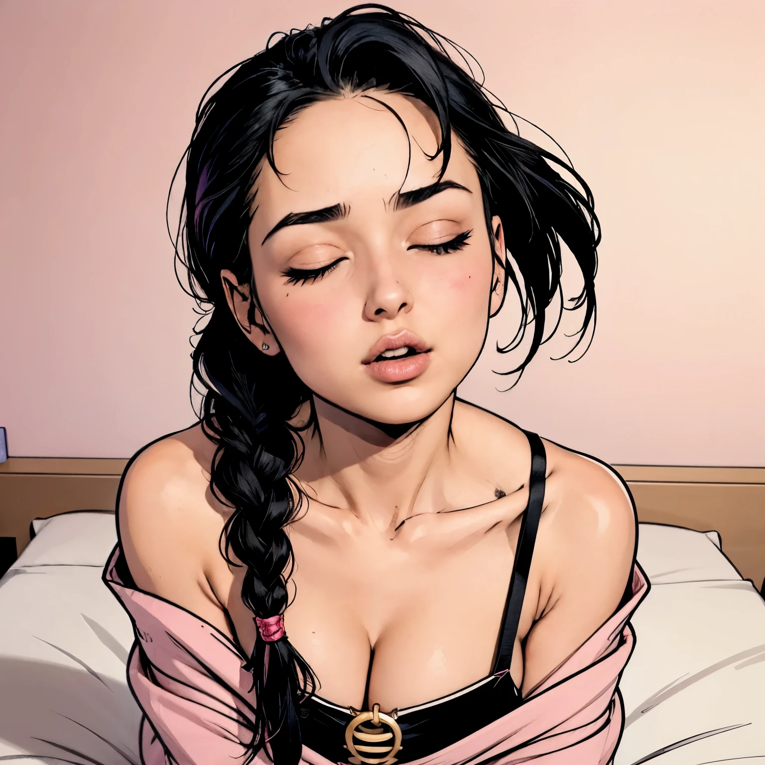 Sexy and cute woman, black hair tied in a braid, big forehead, pink lips parted, blushing intensely, flustered, long neck, lustful expression, off shoulder lime t shirt, bare shoulders, medium chest, cleavage, lying on bed,
