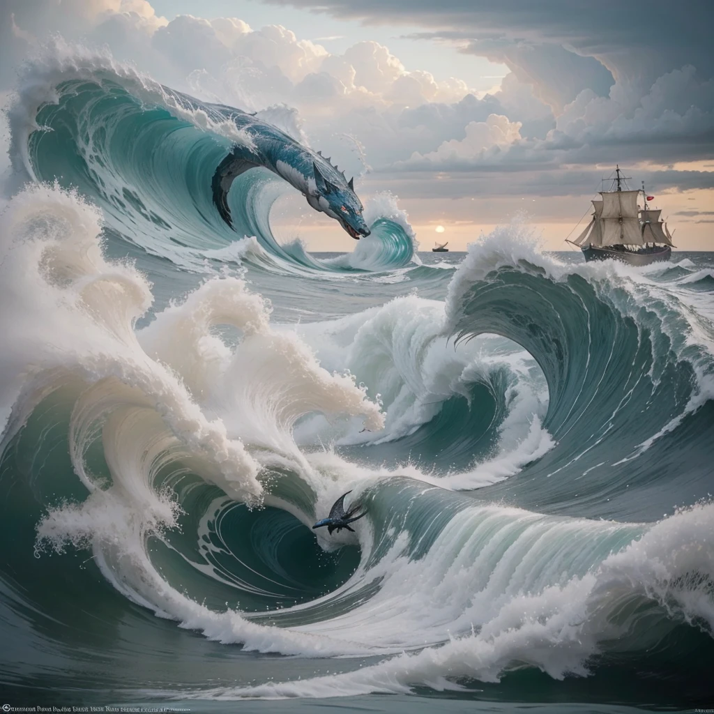 (a)sea dragon emerging from the ocean,17th century sailing ship,storm,black clouds,lightnings (b)big waves,realistic 4k,ultra-detailed,photography,dark,ominous lighting (c)turbulent sea,dragonscales,shiny textures,majestic creature,fierce expression (d)detailed ship sails,cannon ports,wooden hull,vulnerable crew,maneuvering in the storm (e)dramatic perspective,high waves crashing against the ship,water splashing,threatening atmosphere k