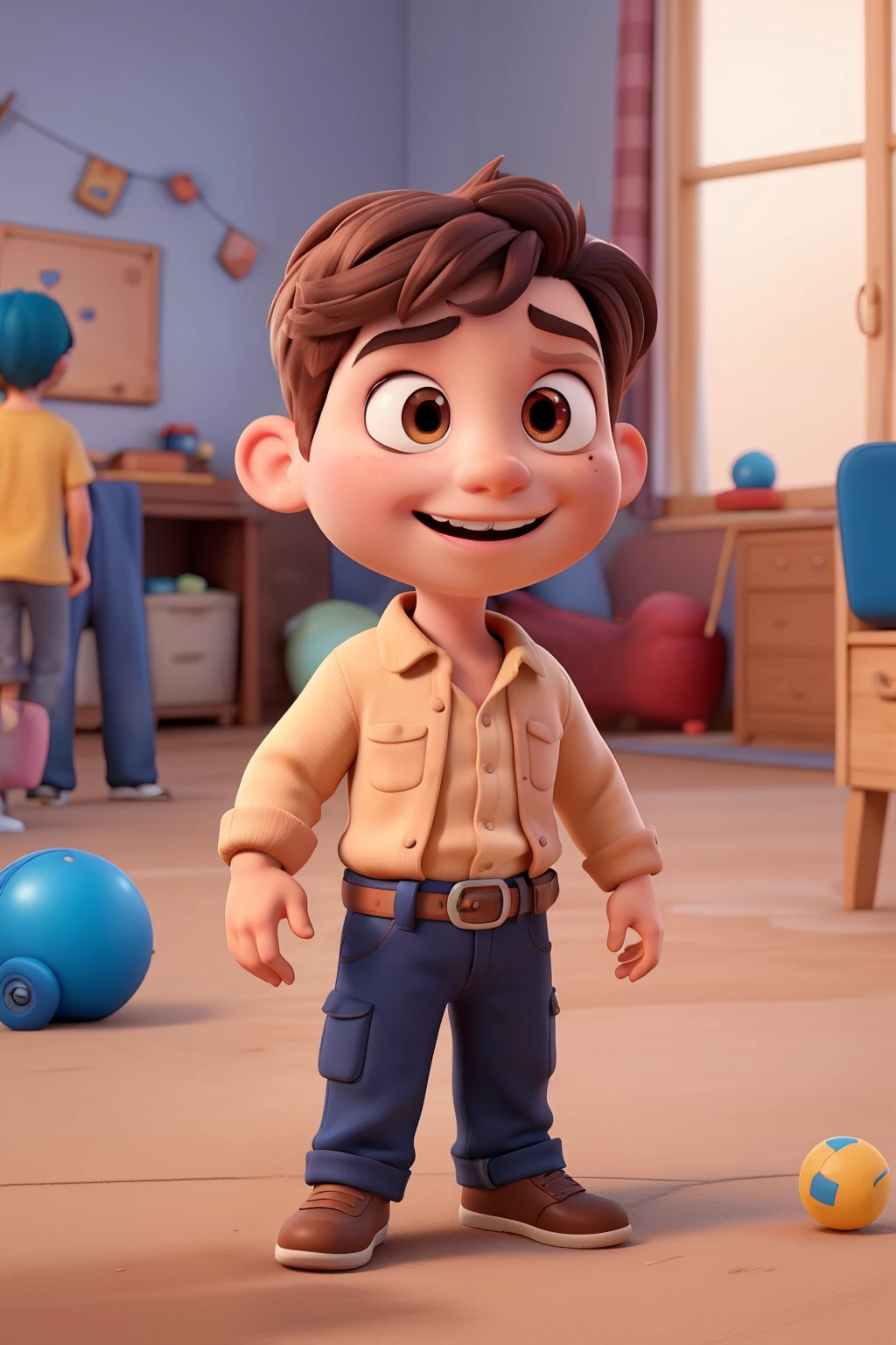 PIXAR style drawing of a  not liking seeing his cousin playing with his toys