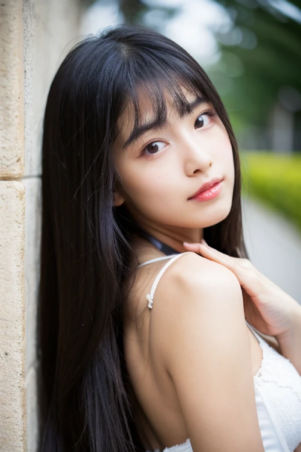 ((highest quality)), ((masterpiece)), (be familiar with), perfect face arafed woman with long black hair standing in front of a wall, long black shiny hair, black silky hair, Extra Dark Natural Black Hair, long straight black hair, long black straight hair, Perfect silky straight hair, straight black hair, long black hair, her hair is long and straight, detailed long black hair white lingerie (huge breasts 1.8) (super long hair down to ankles) One female Japan's cutest junior high school girl (model standing) sensual look erotic expression neat bangs The neatly arranged bangs are a princess cut that covers the entire forehead. bright red lip Overall rear view Close-up of the whole woman detailed hands detailed fingers five fingers (narrow mouth) natural makeup (head facing forward)
