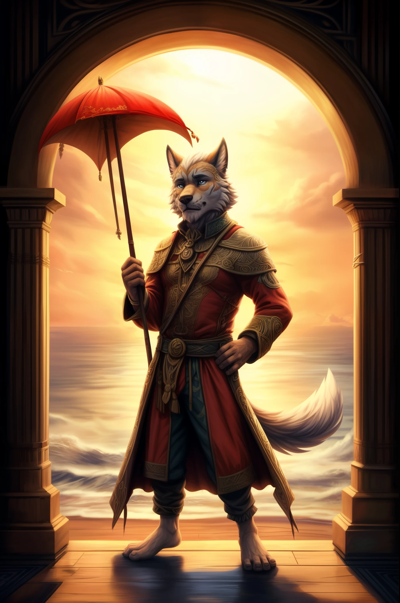 (((Barefoot furry character, full body, cinematic setting, male))) Masquerading as a man with a reason. My charade is the event of the season and if I claim to be a wise man, well it surely means that I don't know. On a stormy sea of moving emotion tossed about I'm like a ship on the ocean. I set a course for winds of fortune, but I hear the voices say: (Carry on my wayward son.) (There'll be peace when you are done.) (Lay your weary head to rest.) (Don't you cry no more.) BREAK, detailed background, 8K, (masterpiece:1.5), intricate details, highly detailed, extreme detail, octane render, fine art, best quality, highres, (detailed face:1.5), ((full_body)), UHD, (((perfect hands)))