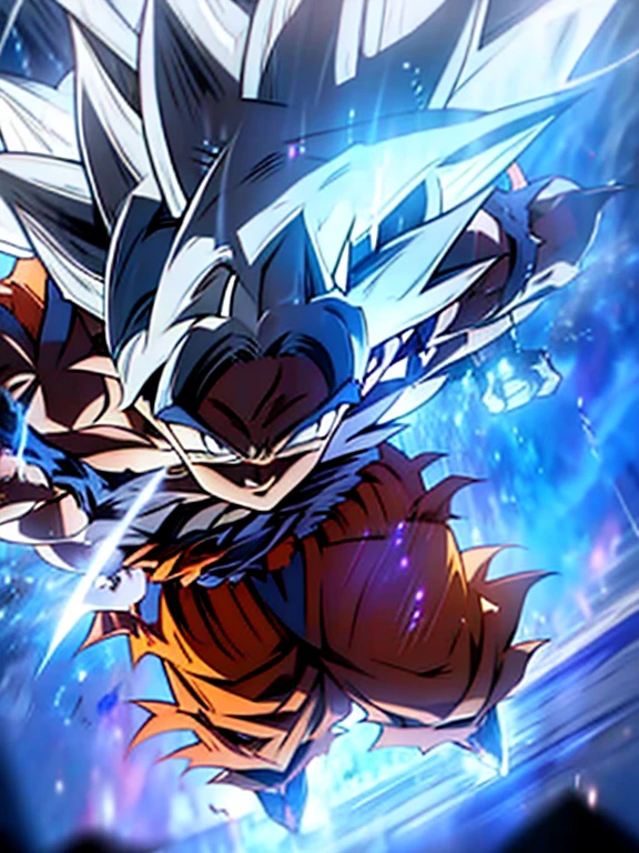 Son Goku transforming into Ultra Instinct surrounded by blue Aura and lightning full body shot, 4k, Silver Hair, Silver Pupils, high details, epic, cinematic