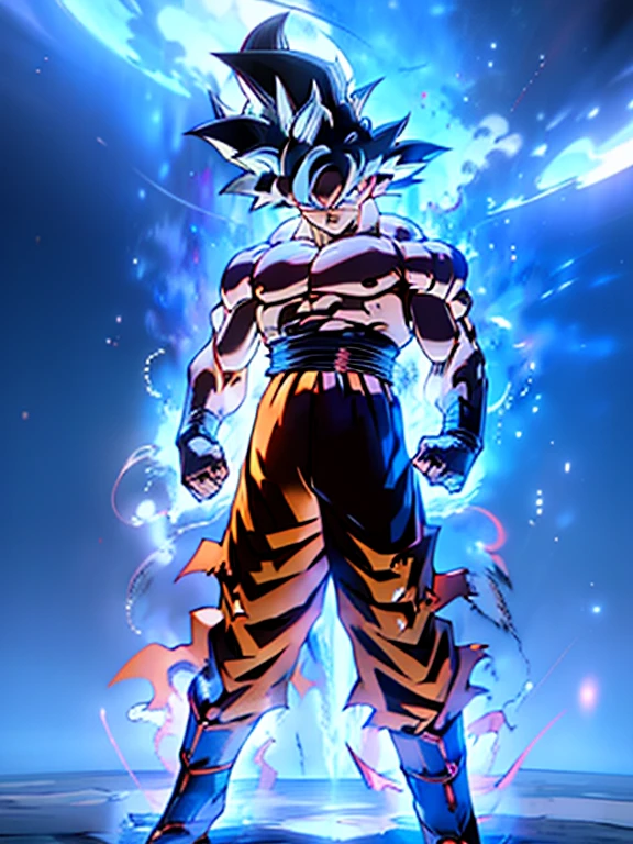 Son Goku transforming into Ultra Instinct surrounded by blue Aura and lightning full body shot, 4k, Silver Hair, Silver Pupils, high details, epic, cinematic