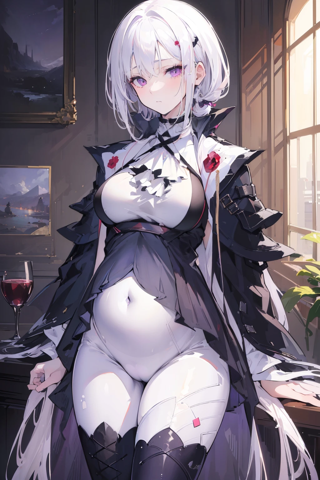 (best quality:1.3), (masterpiece:1.3), (illustration:1.3), (ultra-detailed:1.3), (imid shot:0.9), 1girl, medium breasts, purple eyes, (((white hair))), hair ornaments, young, outfit-gladiia, long hair, tied hair, indoors, black shorts, thigh-highs, low ponytail, expressionless, upper body, close up, coat, skirt, pregnant