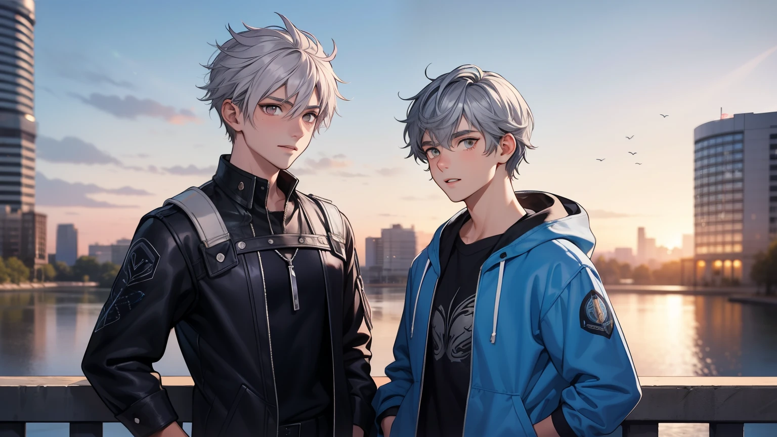 In the background there is a pink and silver Arab city Two -yeld tege friends with blue hair, With Latin skin and light gray hair on the outskirts of a large silver city they are talking about an important topic they are friends almost like brothers..................