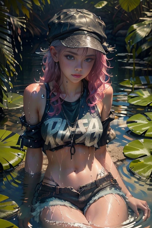 Beauty in hair, with a hat,short punk outfit,Dew, wet body and clothes,drops on the body,High humidity,sitting in the water,legs open, Shy(Delicate images),(Photorealistic: 1.4),(Highly detailed),(high resolution),(Best quality),(masterpiece)