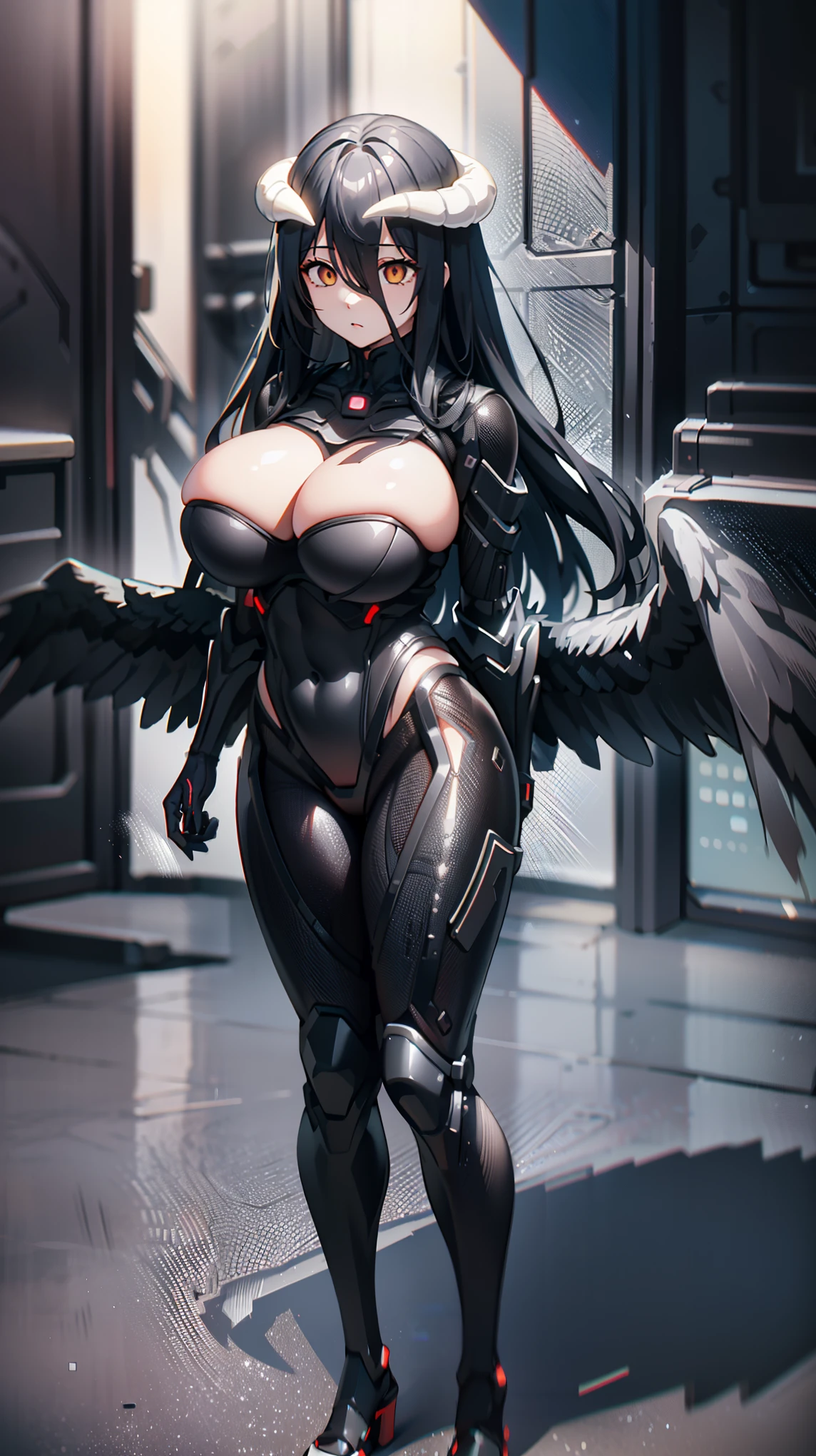 1 girl, al1, demon horns, black wings, feathered wings, low wings,(Overload),((huge breasts 1.5)), Shining crimson eyes,absurd, brainwashing,empty eyes, mind control device,((No expression,erasure of emotions)), (black nano suit) , full body figure,(standing in メカnical box:1.3), (highest quality、4k、8K、High resolution、must have:1.2)、Super detailed、(reality、reality的なです、reality的な:1.37)、ticker、hyper hd、studio lighting、ultra definition paint、sharp focus、Physically based rendering、extreme details、Professional specifications、vibrancy and color、blurry、sports portrait、landscape、horror style、anime big breasts、SF、photograph、concept artist、five fingers, perfect body, {{{masterpiece}}}, {{{highest quality}}}, {{Super detailed}}, {shape}, {{very delicate and beautiful}},Improved cost performance、all roles、Canon 5D MK4でphotograph、photograph,