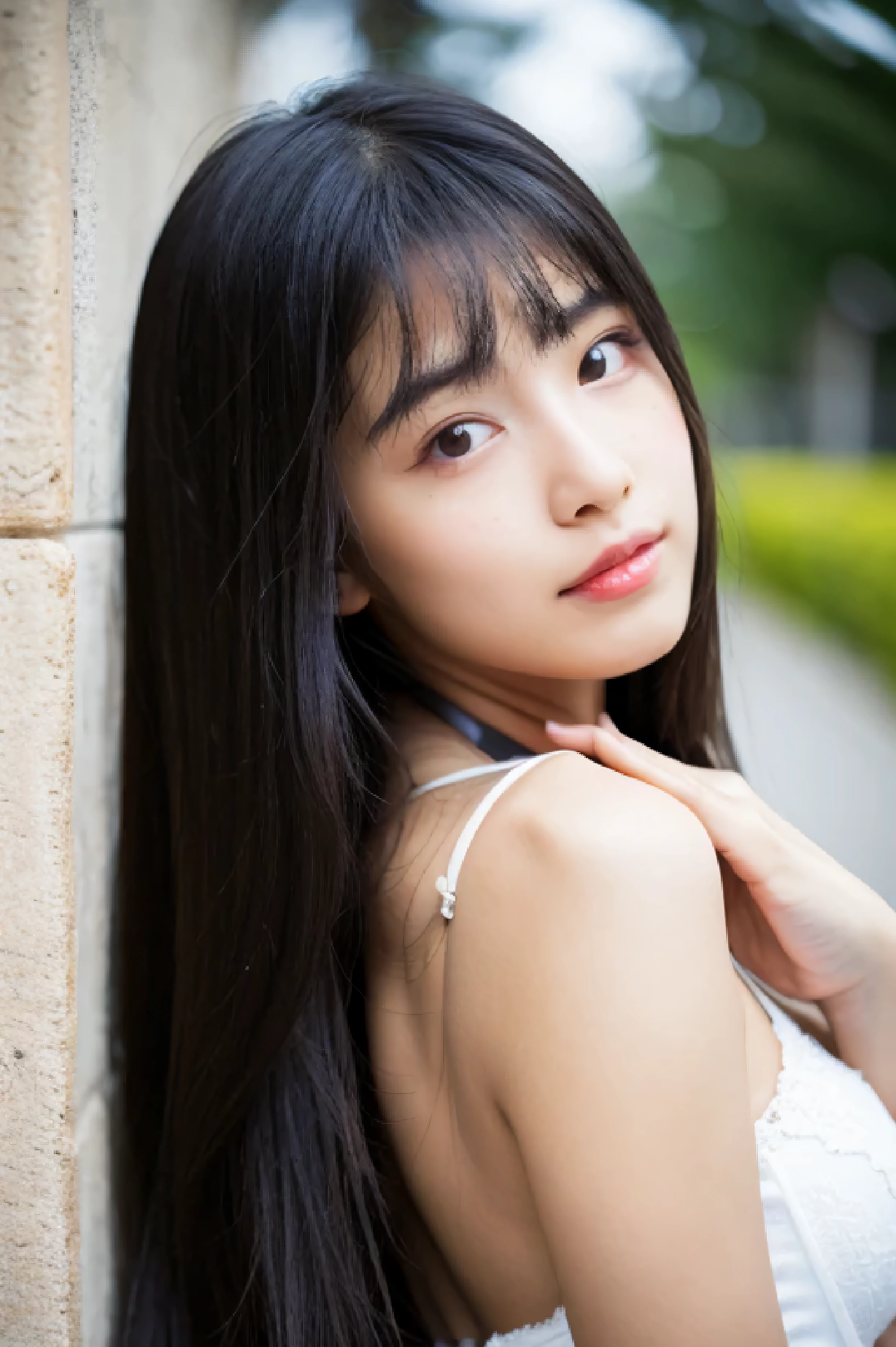Beautiful Korean fashion model With bangs narrow-minded Hair straightening Raccoon face