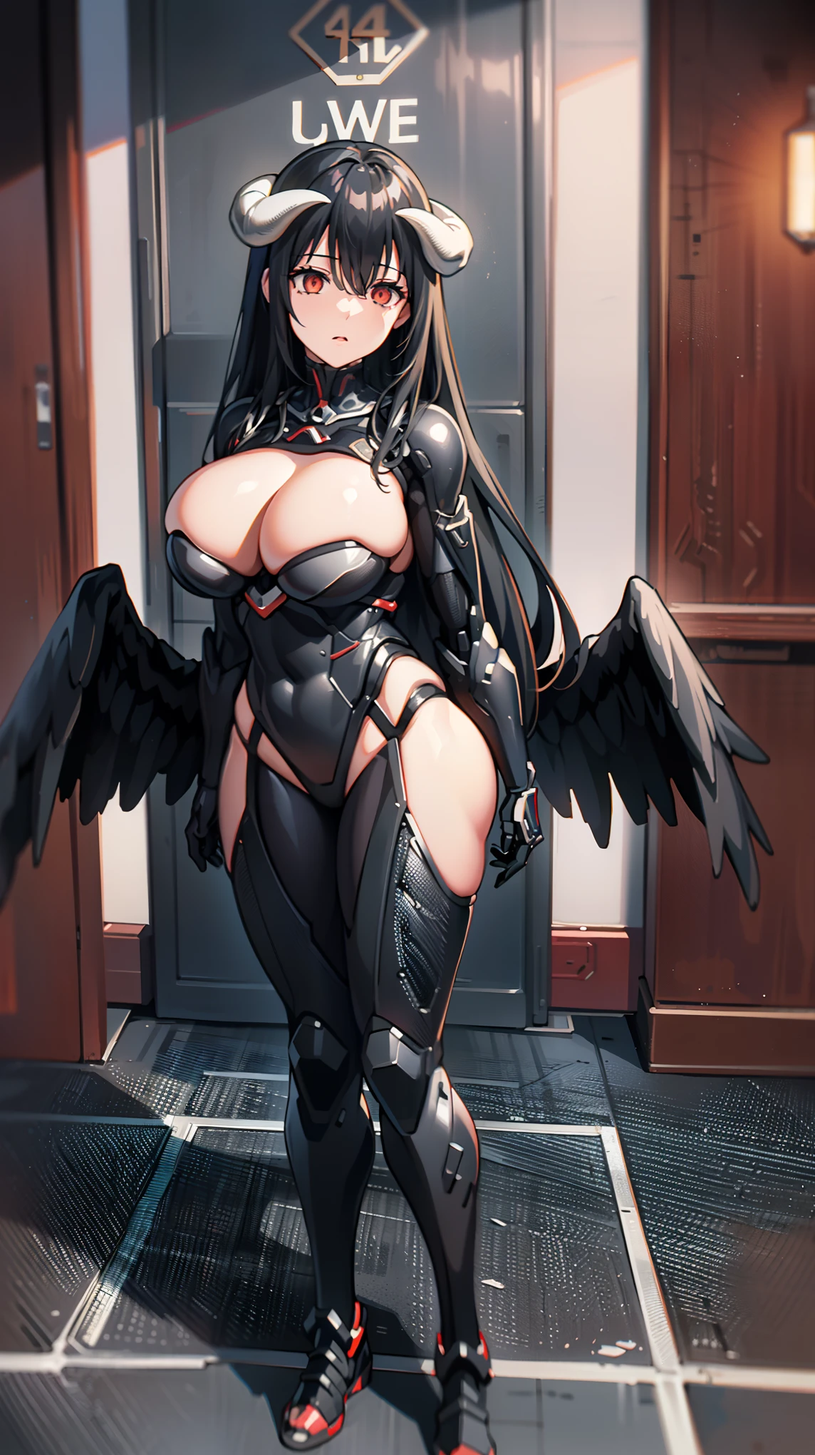 1 girl, al1, demon horns, black wings, feathered wings, low wings,(Overload),((huge breasts 1.5)), Shining crimson eyes,absurd, brainwashing,empty eyes, mind control device,((No expression,erasure of emotions)), (black nano suit) , full body figure,(standing in メカnical box:1.3),  (highest quality、4k、8K、High resolution、must have:1.2)、Super detailed、(reality、reality的なです、reality的な:1.37)、ticker、hyper hd、studio lighting、ultra definition paint、sharp focus、Physically based rendering、extreme details、Professional specifications、vibrancy and color、blurry、sports portrait、landscape、horror style、anime big breasts、SF、photograph、concept artist、five fingers, perfect body,  {{{masterpiece}}}, {{{highest quality}}}, {{Super detailed}}, {shape}, {{very delicate and beautiful}},Improved cost performance、all roles、Canon 5D MK4でphotograph、photograph, 