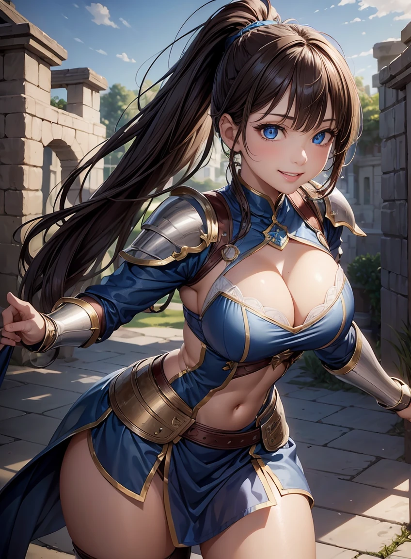 (masterpiece, highest quality: 1.3), High resolution, Super detailed, High resolution CG Unity 8K 壁紙, realistic, photorealistic, Raw photo, detailed beautiful face, fine cloth texture, detailed hair texture, Fine texture, Accurate, anatomically correct, Detailed face and skin texture, one girl, cute, brown hair, ((ponytail, deep blue eyes: 1. 2)), shiny, silky hair, thick bangs, (A smile showing white teeth: 1. 2)), Medieval RPG-style costume made with plenty of fabric、High quality character design, great character design, female knight, interesting character design, RPG character、female protagonist wearing armor 、full body character design,Shoot your whole body in dynamic and sexy poses、