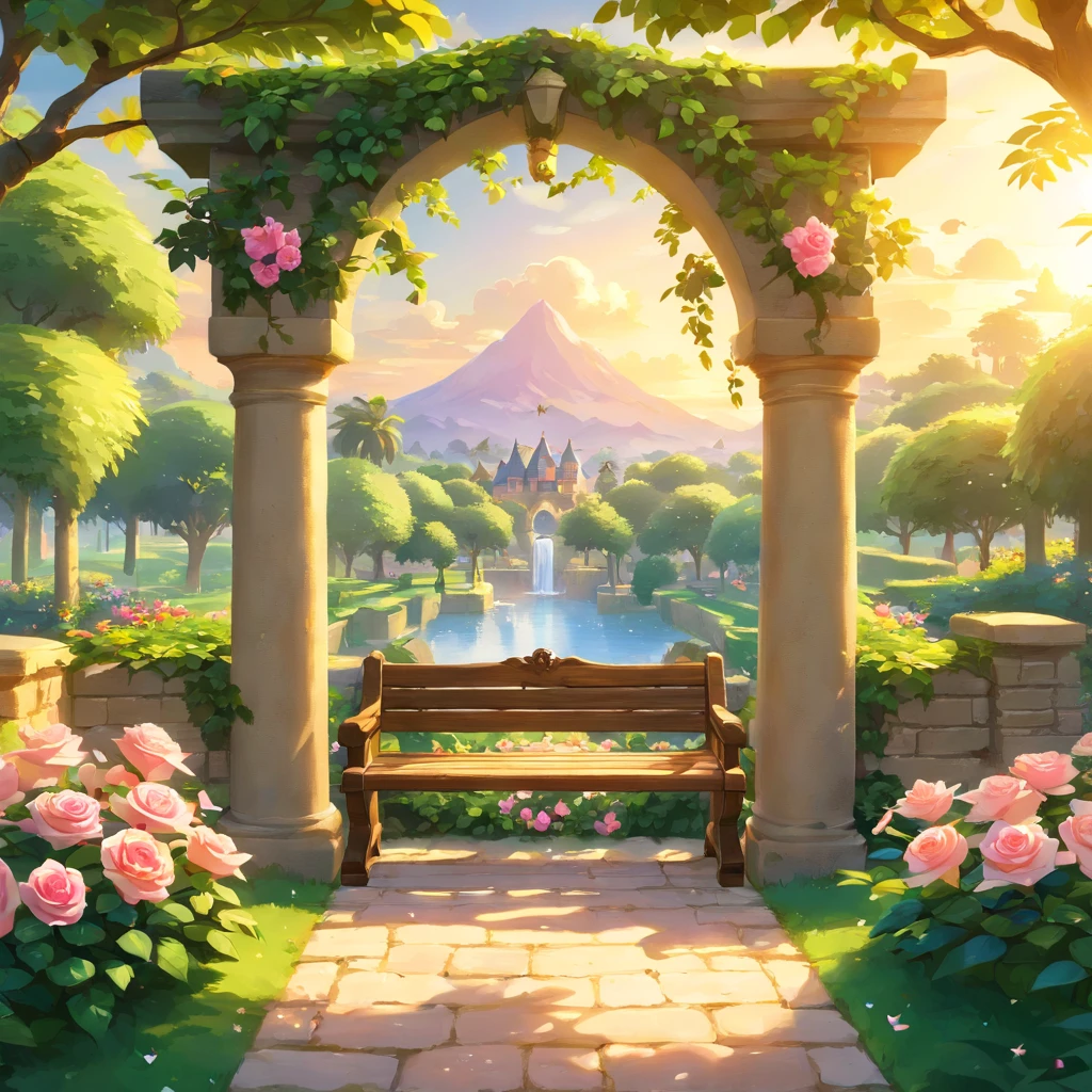best quality,4k,8k,highres,masterpiece:1.2,ultra-detailed,realistic:1.37,beautiful garden,serene atmosphere,colorful flowers,whispering trees,sparkling water,romantic pathway,sunlit meadows,peaceful birds chirping,playful butterflies dancing,happy couple relaxing,refreshing fountain,freshly bloomed roses,fragrant jasmine,towering palm trees,lush greenery,delicate petals,gentle breeze,inviting bench,stunning sunset,soft golden light,tranquil ambiance