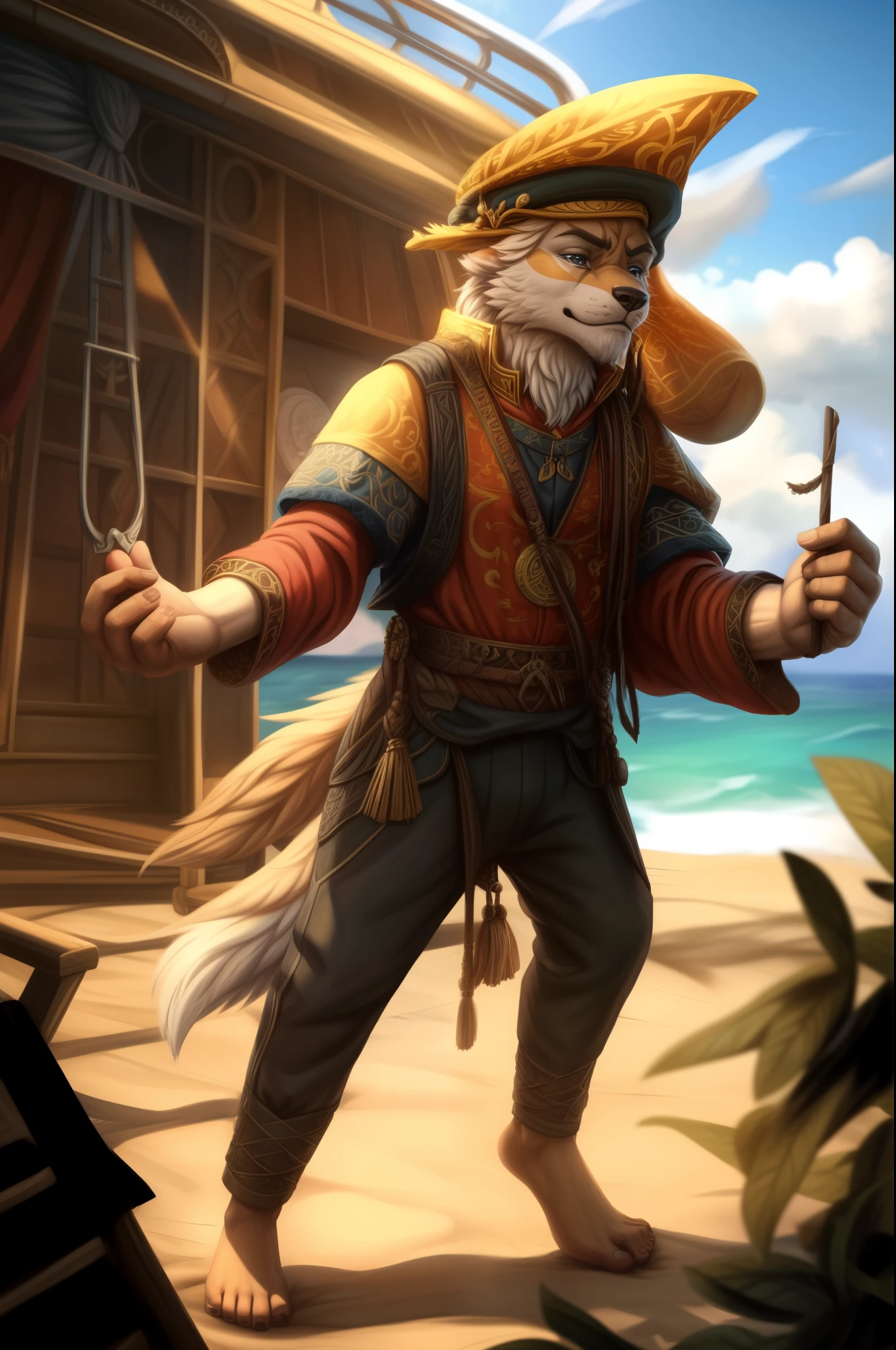 (((Barefoot furry character, full body, cinematic setting, male))) Masquerading as a man with a reason. My charade is the event of the season and if I claim to be a wise man, well it surely means that I don't know. On a stormy sea of moving emotion tossed about I'm like a ship on the ocean. I set a course for winds of fortune, but I hear the voices say: (Carry on my wayward son.) (There'll be peace when you are done.) (Lay your weary head to rest.) (Don't you cry no more.) BREAK, detailed background, 8K, (masterpiece:1.5), intricate details, highly detailed, extreme detail, octane render, fine art, best quality, highres, (detailed face:1.5), ((full_body)), UHD, (((perfect hands)))