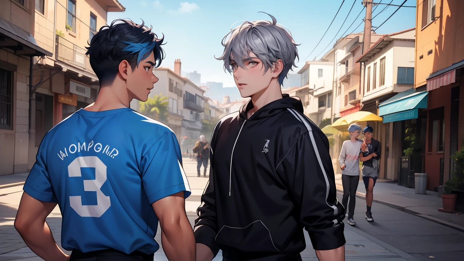 In the background there is a pink and silver Arab city Two -yeld tege friends with blue hair, With Latin skin and light gray hair on the outskirts of a large silver city they are talking about an important topic they are friends almost like brothers..................