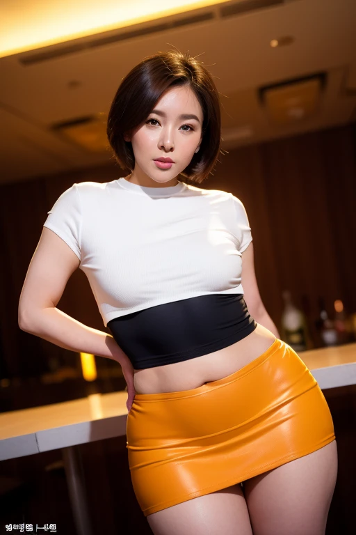 a woman, 1 sexy korean super model girl, short bob cut hair, brown eyes, tanned skin, sexy confident looking eyes, crop top, very mini tight skirt, parted lips, sexy curvy body, night, empty modern night club, facing front, pose 1.4 to camera , various shot angle ,