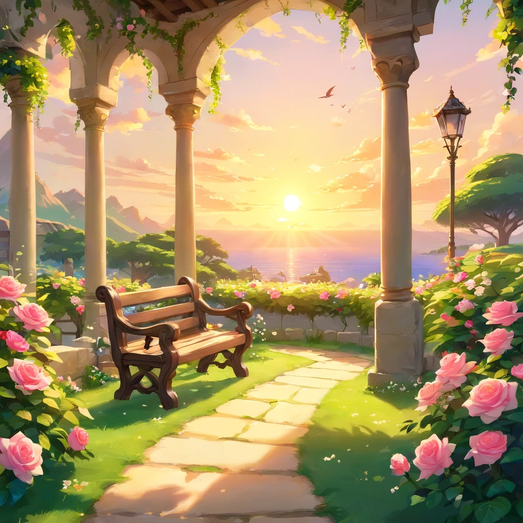 best quality,4k,8k,highres,masterpiece:1.2,ultra-detailed,realistic:1.37,beautiful garden,serene atmosphere,colorful flowers,whispering trees,sparkling water,romantic pathway,sunlit meadows,peaceful birds chirping,playful butterflies dancing,happy couple relaxing,refreshing fountain,freshly bloomed roses,fragrant jasmine,towering palm trees,lush greenery,delicate petals,gentle breeze,inviting bench,stunning sunset,soft golden light,tranquil ambiance