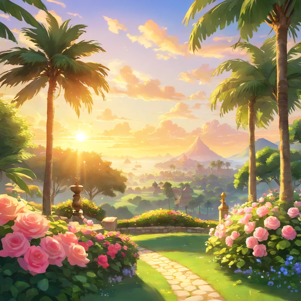best quality,4k,8k,highres,masterpiece:1.2,ultra-detailed,realistic:1.37,beautiful garden,serene atmosphere,colorful flowers,whispering trees,sparkling water,romantic pathway,sunlit meadows,peaceful birds chirping,playful butterflies dancing,happy couple relaxing,refreshing fountain,freshly bloomed roses,fragrant jasmine,towering palm trees,lush greenery,delicate petals,gentle breeze,inviting bench,stunning sunset,soft golden light,tranquil ambiance